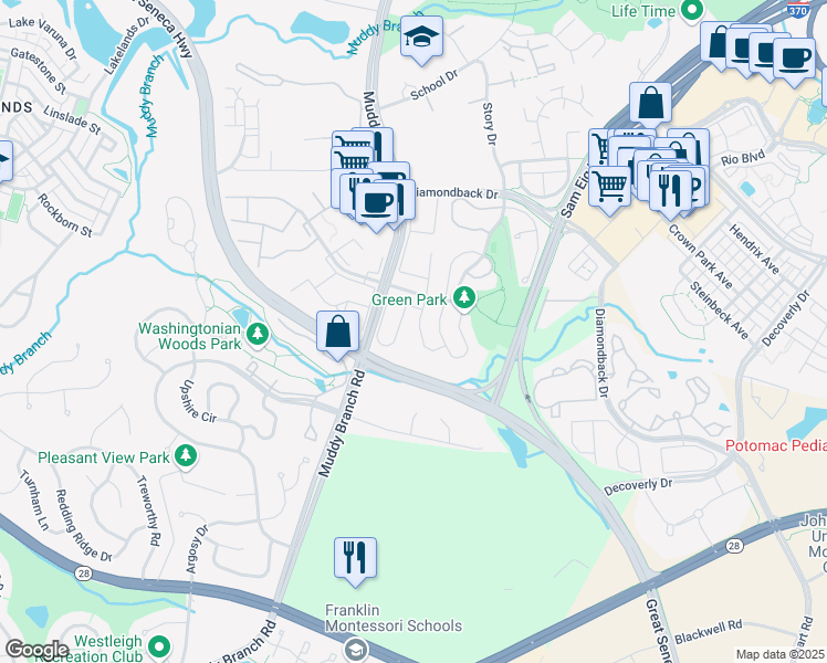 map of restaurants, bars, coffee shops, grocery stores, and more near 307 Whitcliff Court in Gaithersburg