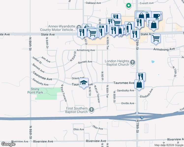 map of restaurants, bars, coffee shops, grocery stores, and more near 707 North 82 Street in Kansas City