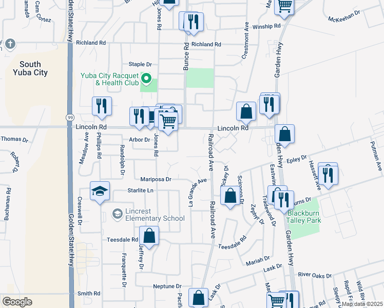 map of restaurants, bars, coffee shops, grocery stores, and more near 863 Graystone Court in Yuba City
