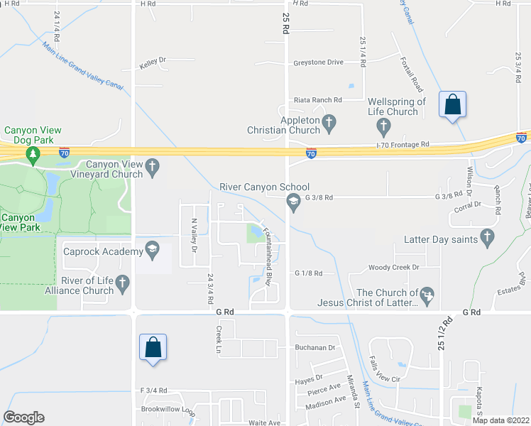 map of restaurants, bars, coffee shops, grocery stores, and more near 733 Lakeview Court in Grand Junction