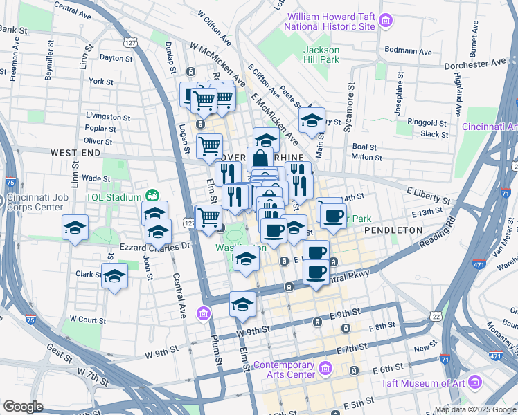 map of restaurants, bars, coffee shops, grocery stores, and more near 1412 Republic Street in Cincinnati