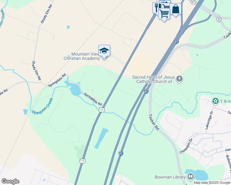 map of restaurants, bars, coffee shops, grocery stores, and more near 4227 Valley Pike in Winchester