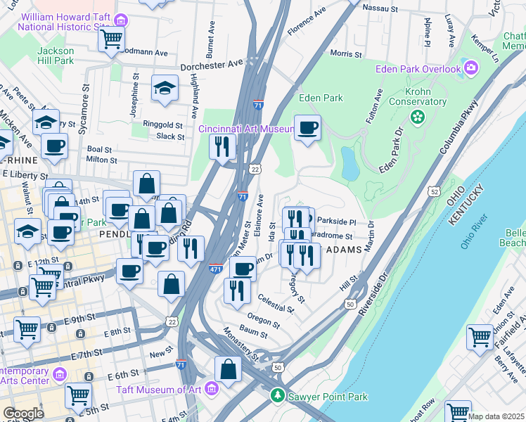 map of restaurants, bars, coffee shops, grocery stores, and more near 1264 Elsinore Avenue in Cincinnati