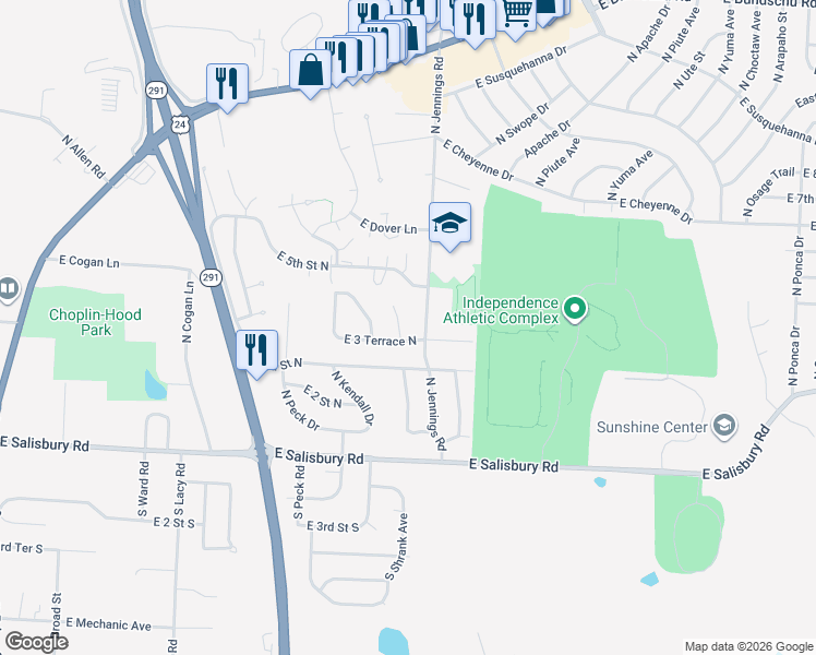 map of restaurants, bars, coffee shops, grocery stores, and more near 335 North Gilbert Street in Independence