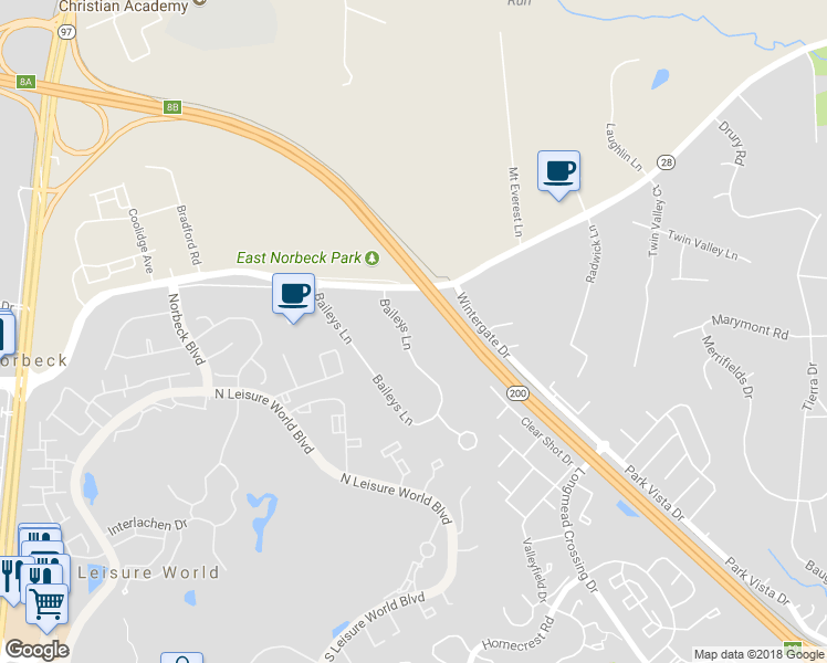 map of restaurants, bars, coffee shops, grocery stores, and more near 15220 Baileys Lane in Silver Spring