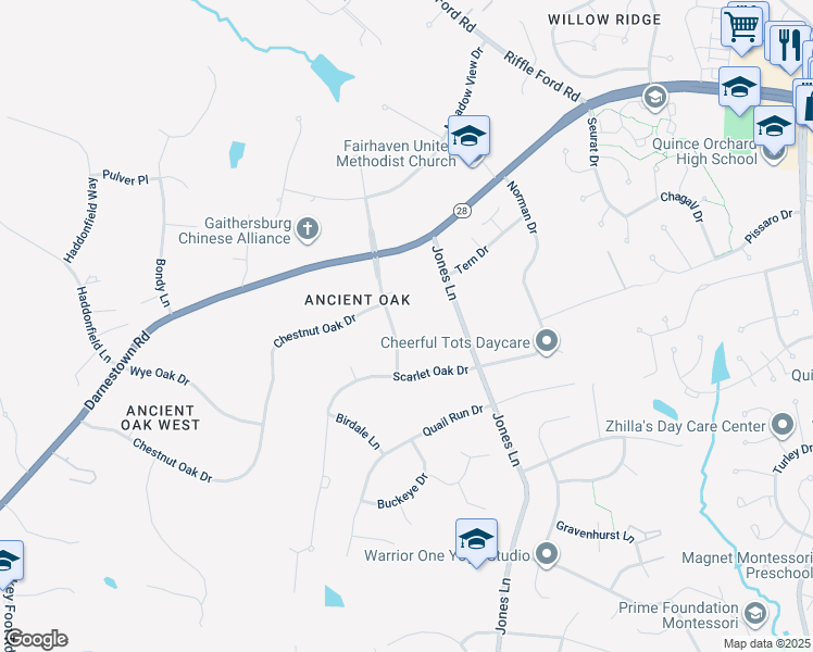 map of restaurants, bars, coffee shops, grocery stores, and more near 15613 Ancient Oak Drive in Gaithersburg