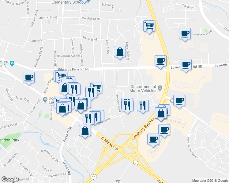 map of restaurants, bars, coffee shops, grocery stores, and more near 175 Meadows Ln NE in Leesburg