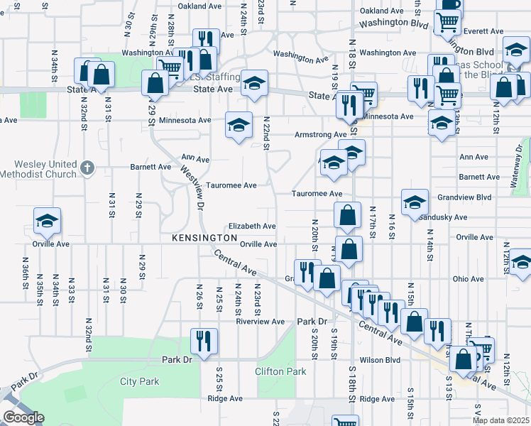 map of restaurants, bars, coffee shops, grocery stores, and more near 2211 Sandusky Avenue in Kansas City