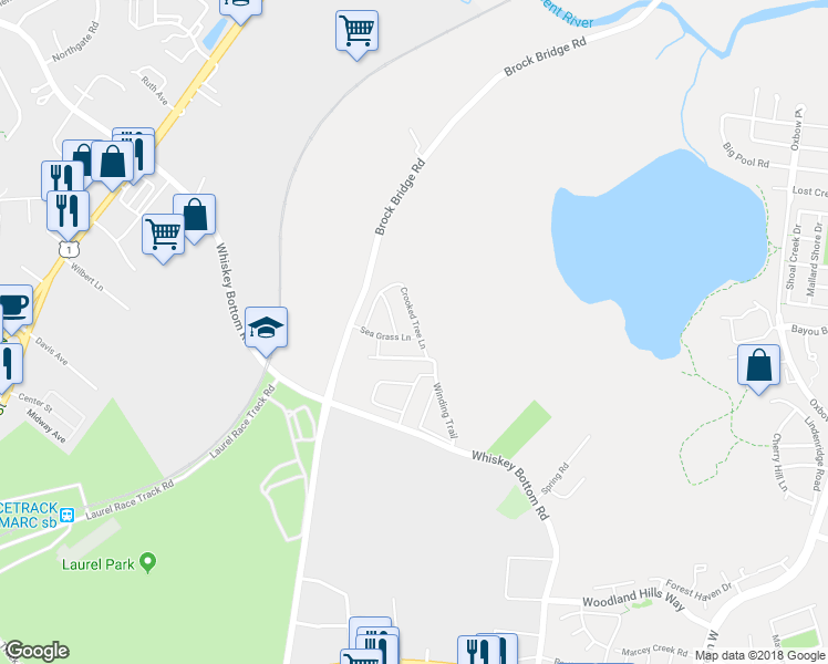 map of restaurants, bars, coffee shops, grocery stores, and more near 8522 Crooked Tree Lane in Laurel