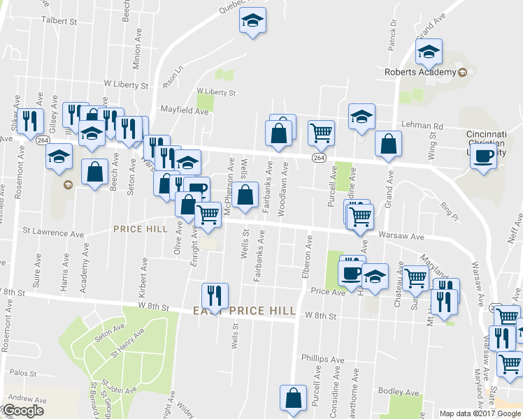 map of restaurants, bars, coffee shops, grocery stores, and more near 1021 Fairbanks Avenue in Cincinnati