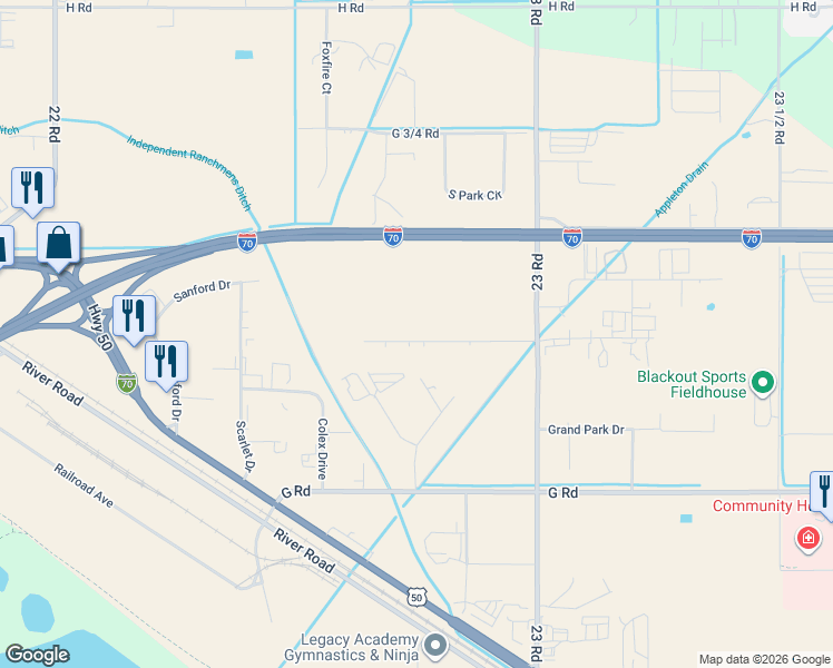 map of restaurants, bars, coffee shops, grocery stores, and more near 2200-2298 Logos Court in Grand Junction