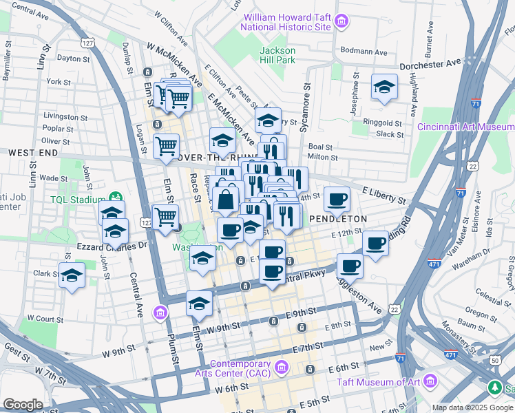 map of restaurants, bars, coffee shops, grocery stores, and more near 1335 Clay Street in Cincinnati