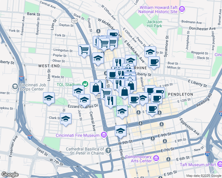 map of restaurants, bars, coffee shops, grocery stores, and more near 1429 Elm Street in Cincinnati