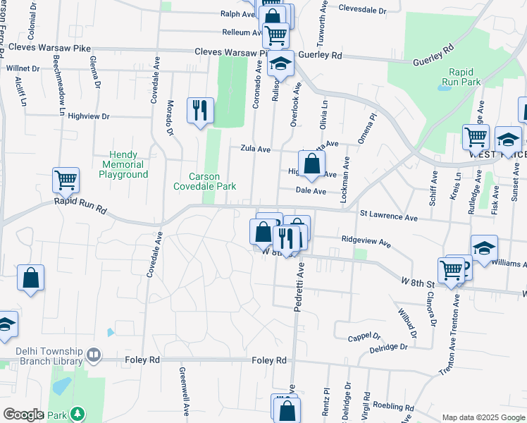 map of restaurants, bars, coffee shops, grocery stores, and more near 4827 Rapid Run Road in Cincinnati