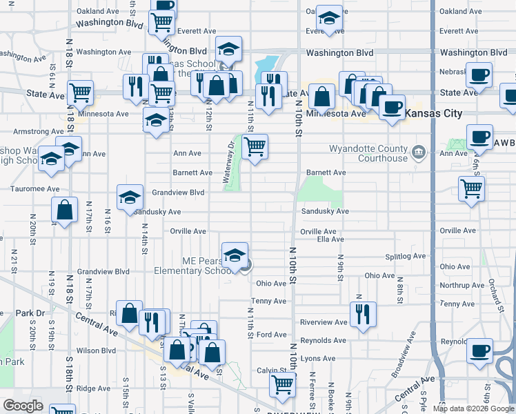 map of restaurants, bars, coffee shops, grocery stores, and more near 1050 Sandusky Avenue in Kansas City