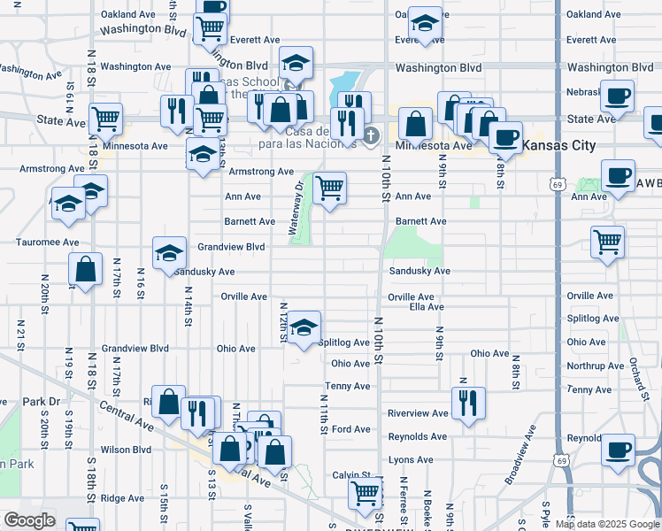 map of restaurants, bars, coffee shops, grocery stores, and more near 1050 Sandusky Avenue in Kansas City
