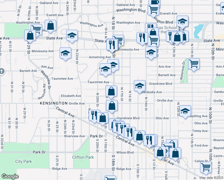 map of restaurants, bars, coffee shops, grocery stores, and more near 437 North 19 Street in Kansas City