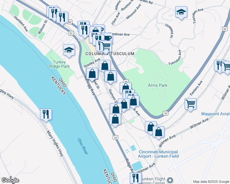 map of restaurants, bars, coffee shops, grocery stores, and more near 3819 Eastern Avenue in Cincinnati