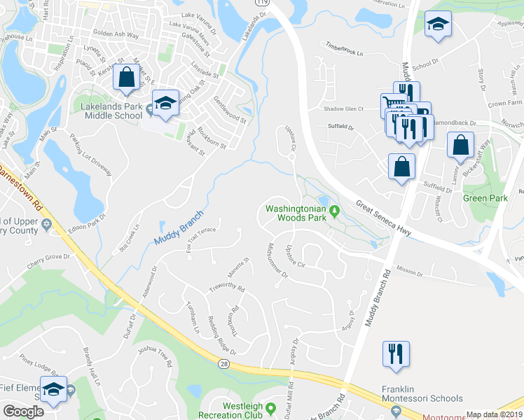 map of restaurants, bars, coffee shops, grocery stores, and more near 214 Midsummer Circle in Gaithersburg