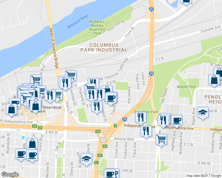 map of restaurants, bars, coffee shops, grocery stores, and more near 1040 E 5th St in Kansas City