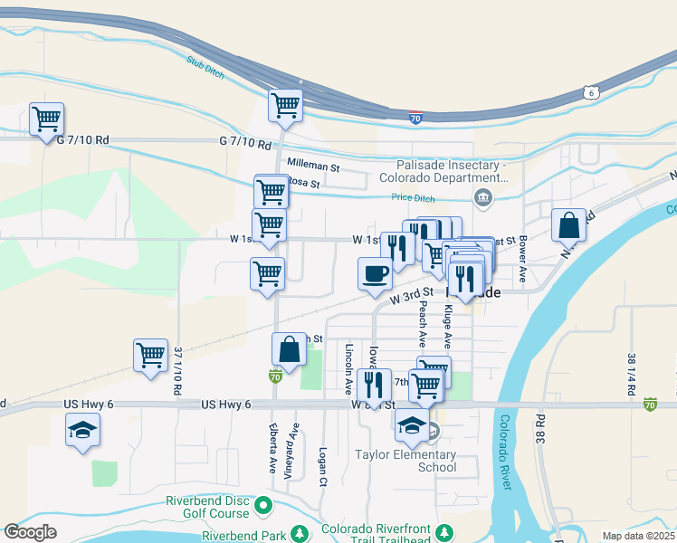 map of restaurants, bars, coffee shops, grocery stores, and more near 209 Crawford Lane in Palisade