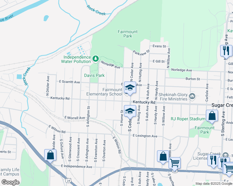 map of restaurants, bars, coffee shops, grocery stores, and more near 111 North Hawthorne Avenue in Independence