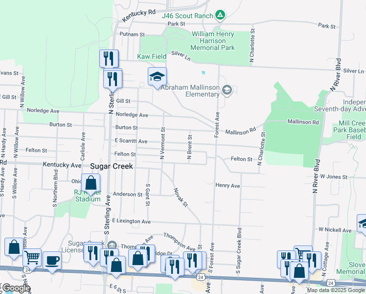 map of restaurants, bars, coffee shops, grocery stores, and more near 11524 Hackett Street in Sugar Creek