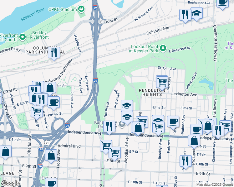 map of restaurants, bars, coffee shops, grocery stores, and more near 320 Highland Avenue in Kansas City