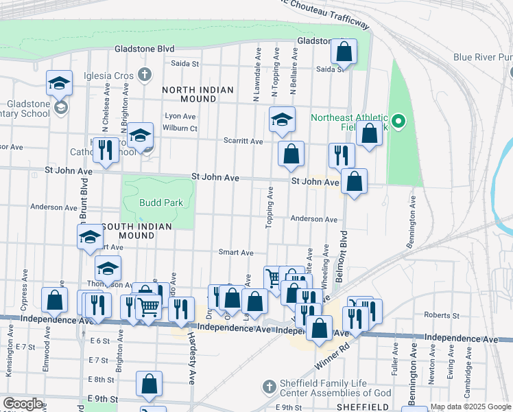 map of restaurants, bars, coffee shops, grocery stores, and more near 135 Lawndale Avenue in Kansas City
