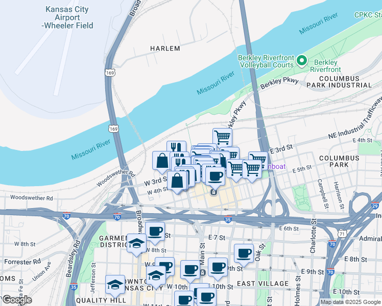 map of restaurants, bars, coffee shops, grocery stores, and more near 136 Main Street in Kansas City