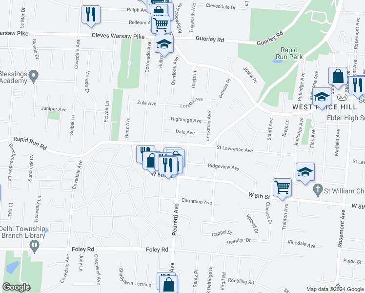 map of restaurants, bars, coffee shops, grocery stores, and more near 4779 Rapid Run Road in Cincinnati