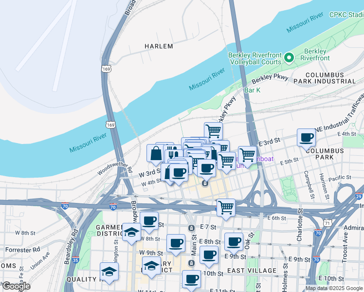 map of restaurants, bars, coffee shops, grocery stores, and more near 136 Main Street in Kansas City
