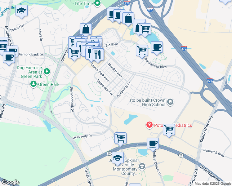 map of restaurants, bars, coffee shops, grocery stores, and more near 311 Decoverly Drive in Gaithersburg