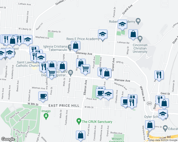 map of restaurants, bars, coffee shops, grocery stores, and more near 1026 Del Monte Place in Cincinnati