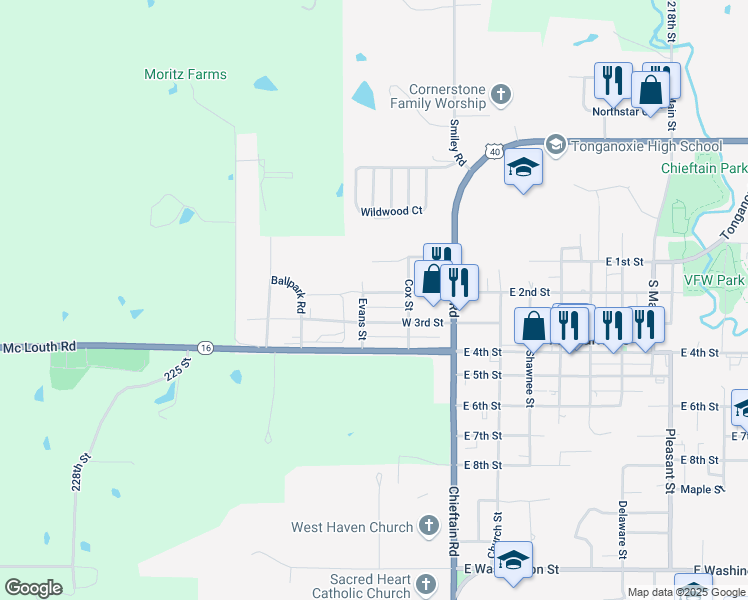 map of restaurants, bars, coffee shops, grocery stores, and more near 218 West 2nd Street in Tonganoxie