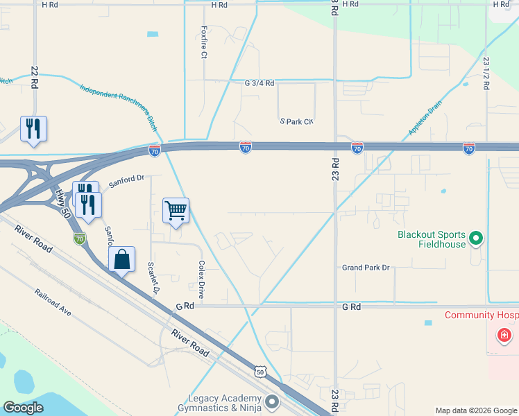 map of restaurants, bars, coffee shops, grocery stores, and more near 2200-2298 Logos Court in Grand Junction