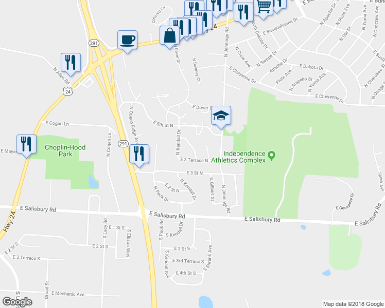 map of restaurants, bars, coffee shops, grocery stores, and more near 336 North Downey Avenue in Independence