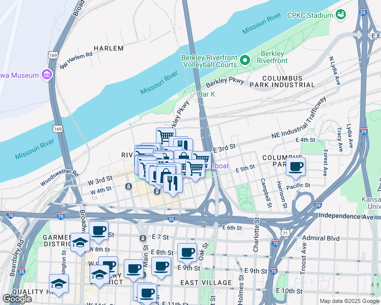 map of restaurants, bars, coffee shops, grocery stores, and more near 416 East 3rd Street in Kansas City