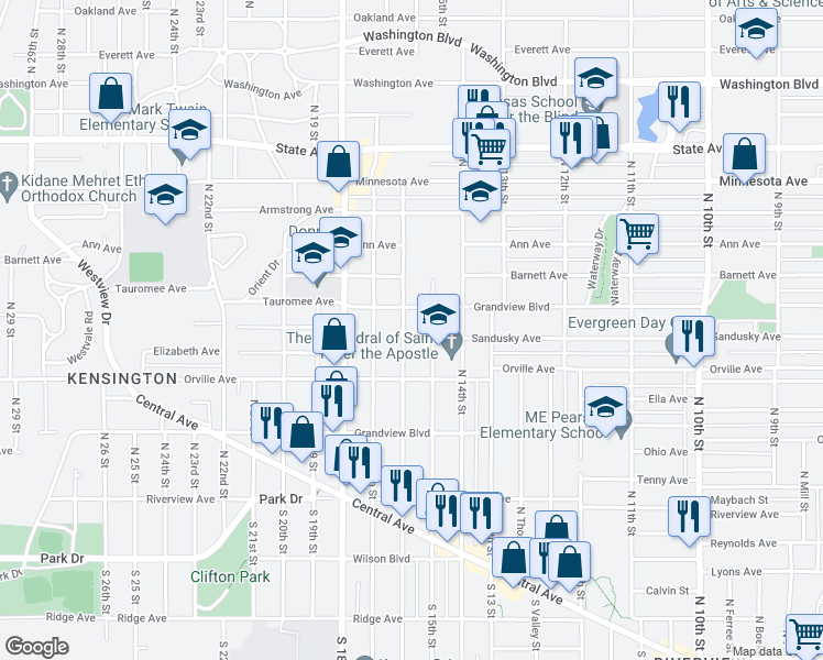 map of restaurants, bars, coffee shops, grocery stores, and more near 433 North 16 Street in Kansas City