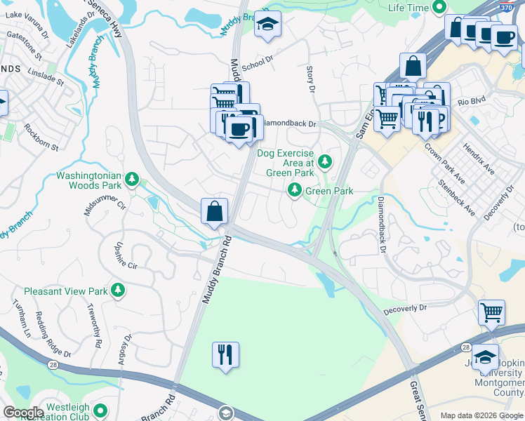 map of restaurants, bars, coffee shops, grocery stores, and more near 307 Whitcliff Court in Gaithersburg