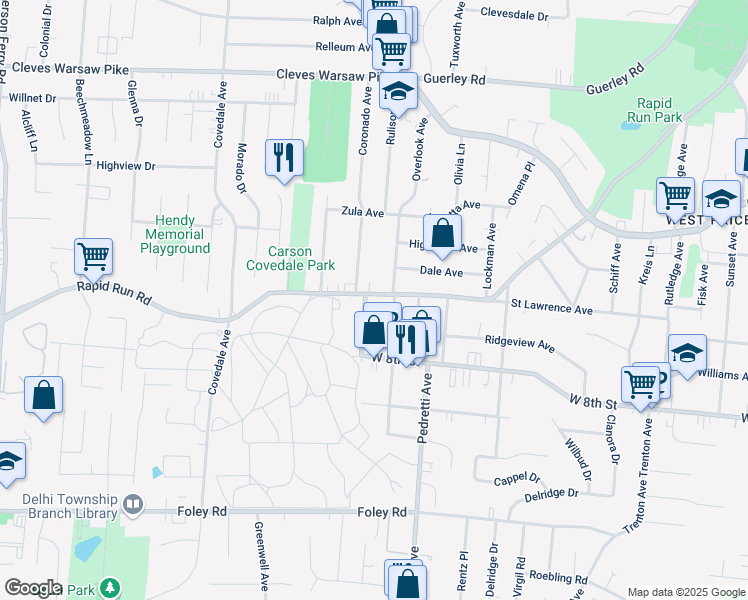 map of restaurants, bars, coffee shops, grocery stores, and more near 4837 Rapid Run Road in Cincinnati