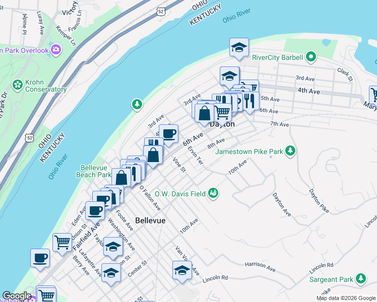 map of restaurants, bars, coffee shops, grocery stores, and more near 702 Ervin Terrace in Dayton
