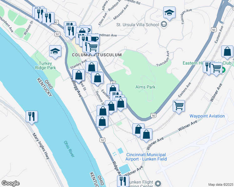 map of restaurants, bars, coffee shops, grocery stores, and more near 3905 Columbia Parkway in Cincinnati