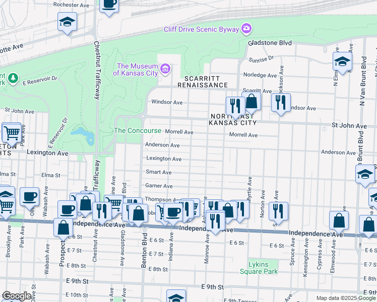 map of restaurants, bars, coffee shops, grocery stores, and more near 304 Bales Avenue in Kansas City