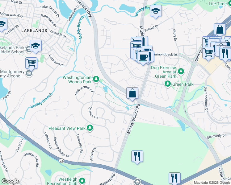 map of restaurants, bars, coffee shops, grocery stores, and more near 1075 Hillside Lake Terrace in Gaithersburg