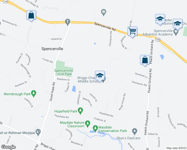 map of restaurants, bars, coffee shops, grocery stores, and more near 1900 Rainbow Drive in Silver Spring