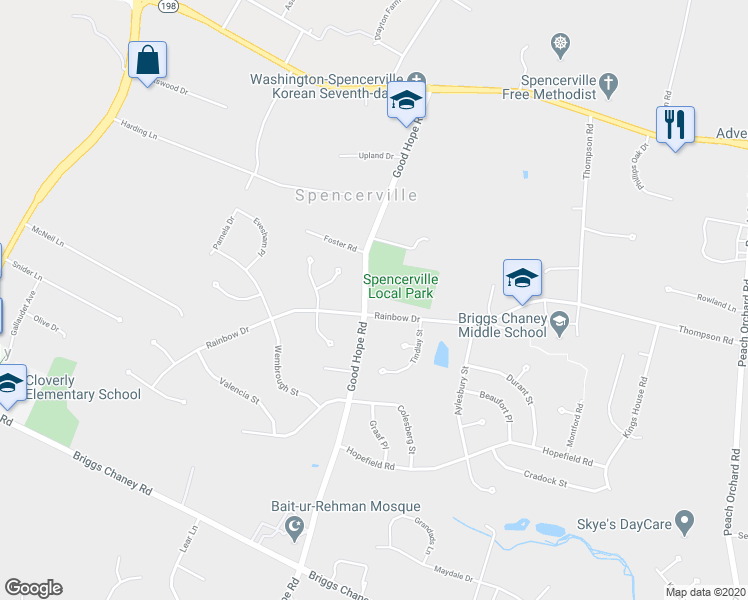 map of restaurants, bars, coffee shops, grocery stores, and more near 15507 Good Hope Road in Silver Spring