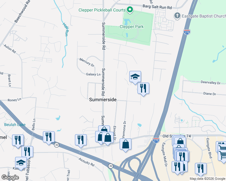 map of restaurants, bars, coffee shops, grocery stores, and more near 4628 Summerside Road in Cincinnati