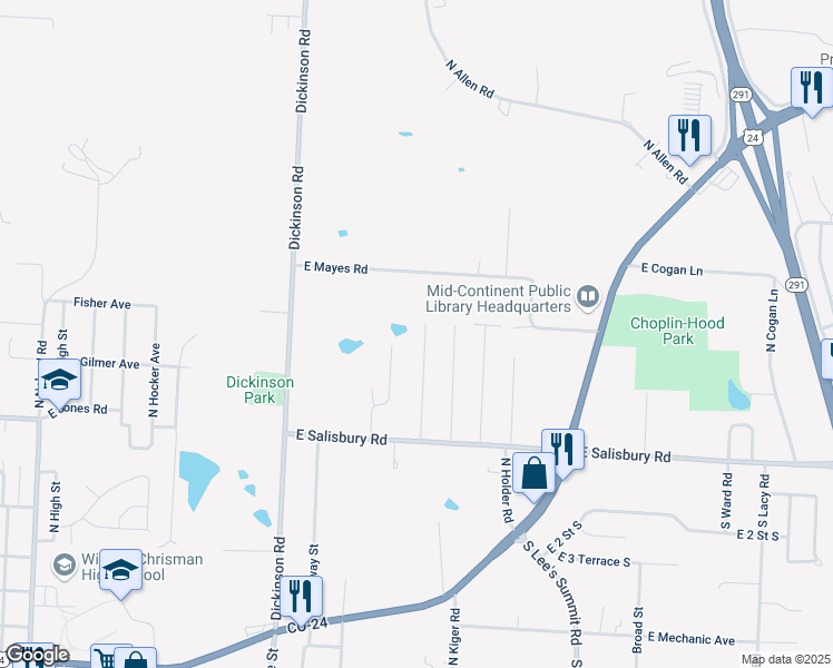 map of restaurants, bars, coffee shops, grocery stores, and more near 1804 North Rogers Street in Independence