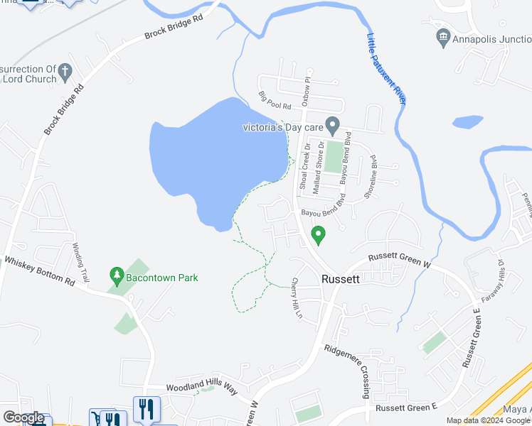 map of restaurants, bars, coffee shops, grocery stores, and more near 3105 River Bend Court in Laurel